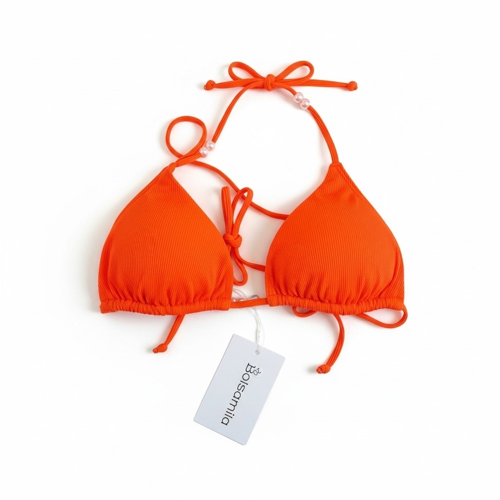 Bolsamila Orange Ribbed String Bikini Top with Pearls Size‎ XL
